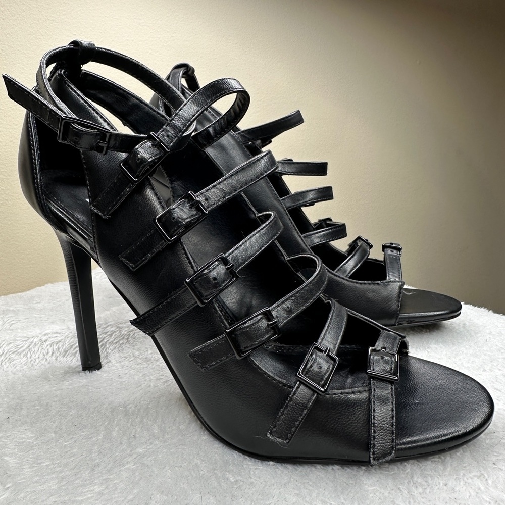 Tildon Black Leather Caged Design with buckles and Open Toe 4" Heels NEW